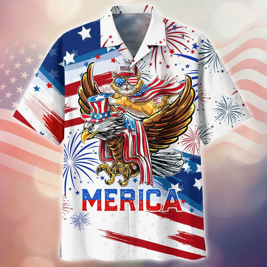 Merica Ealge And Cats Independence Day Hawaiian Shirt, Patriotic Gift For Cat Lovers HO0143