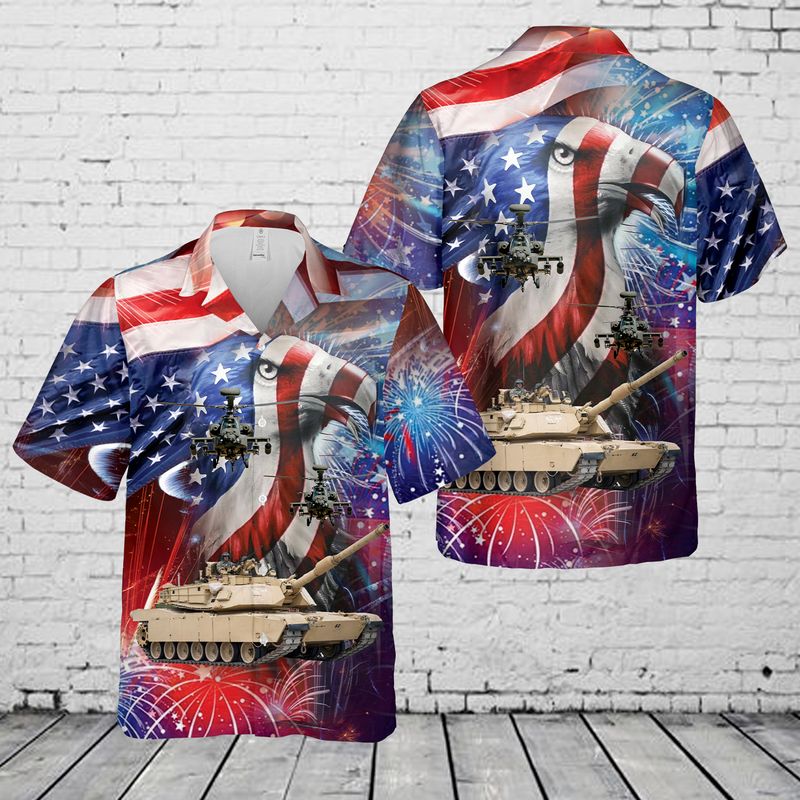 U.S. Army M1 Abrams Main Battle Tank and a AH-64 Attack Helicopter 4th Of July Hawaiian Shirt, Patriotic Hawaiian Shirt for men HO3338