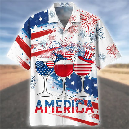 3D All Over Print Usa Hawaiian Shirt Glass Drinking Cheer Up Independence Day, America 4Th Of Jul Hawaiian Shirt HO5032