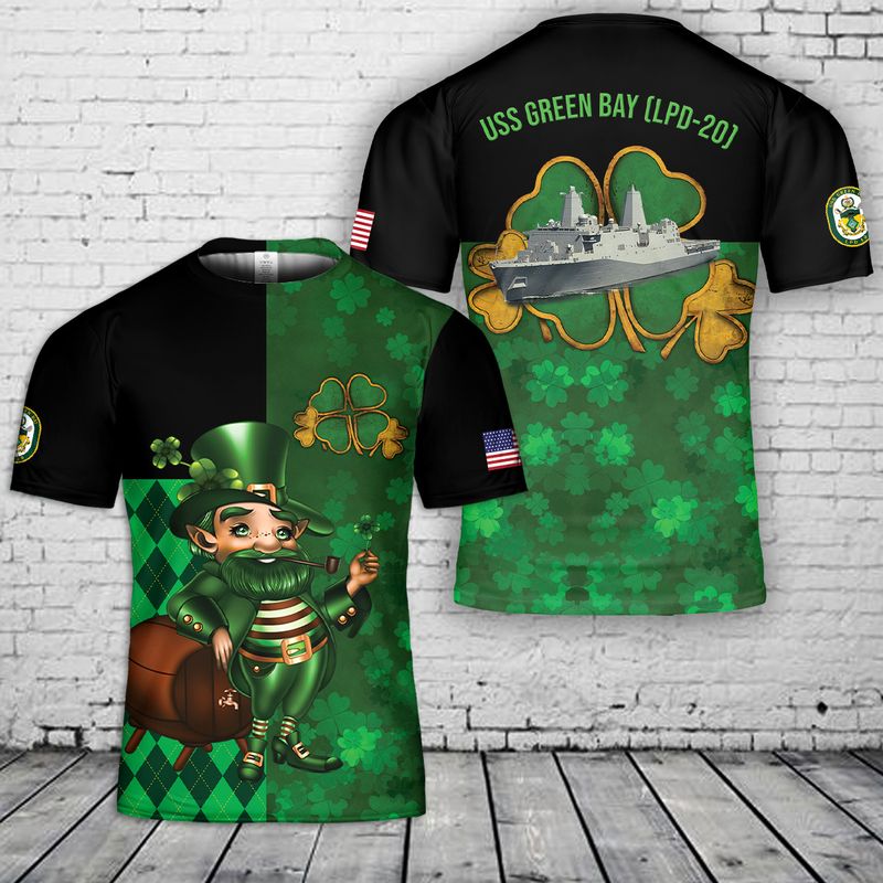 US Navy USS Green Bay (LPD-20) Happy St Patrick's Day T-Shirt 3D, T-Shirt Gift for Men Dad PO0023