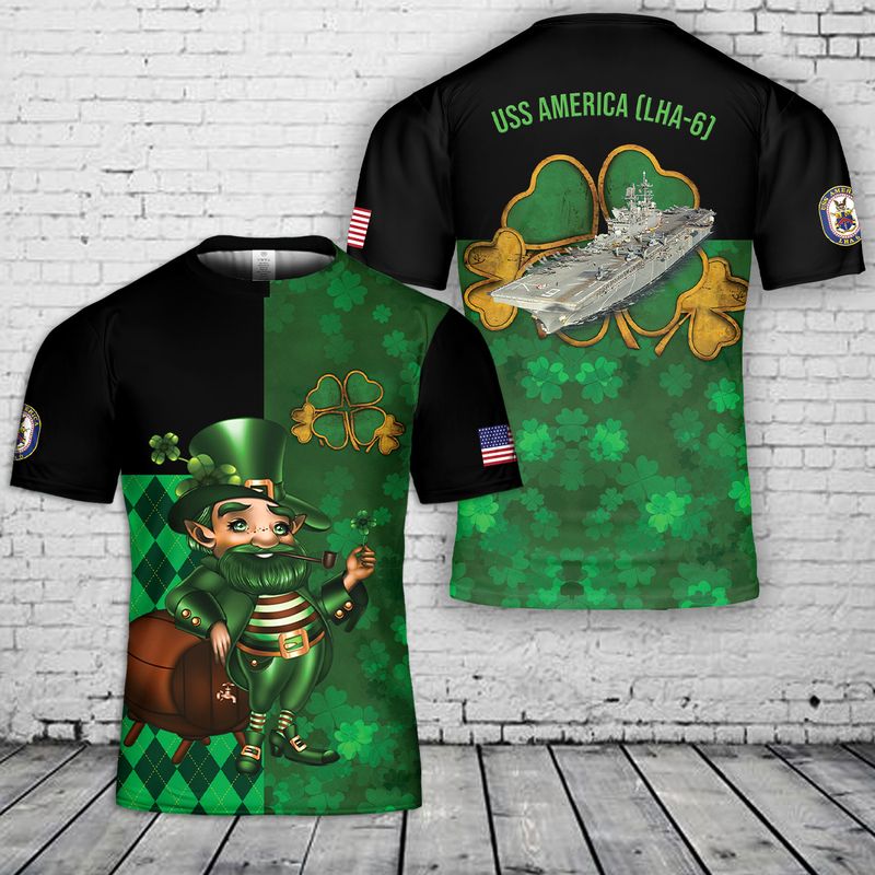 US Navy USS America (LHA-6) Happy St Patrick's Day T-Shirt 3D, T-Shirt Gift for Men Dad PO0027