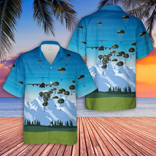 U.S. Army paratroopers with the 82nd Airborne Division parachute from a C-130 Hercules aircraft Hawaiian Shirt HO0017