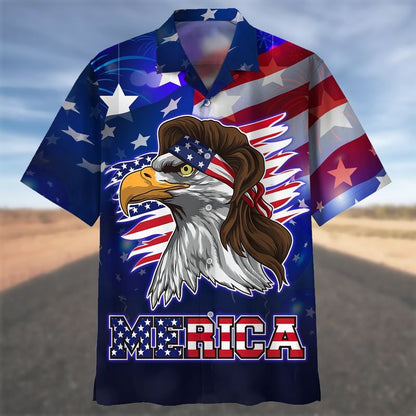 Lasfour Blue Merican Hawaiian Shirt With Eagle, Independence Day Hawaii Aloha Beach Shirt For Father HO5029