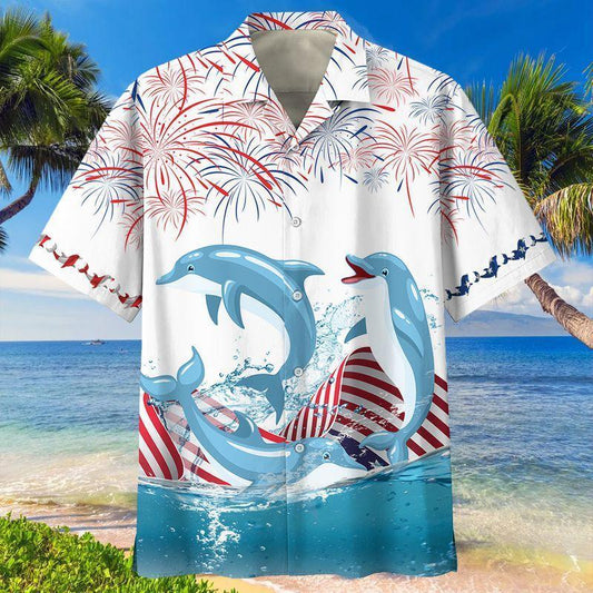 4th Of July Dolphin Independence Hawaiian Shirt Beachwear For Men HO3846