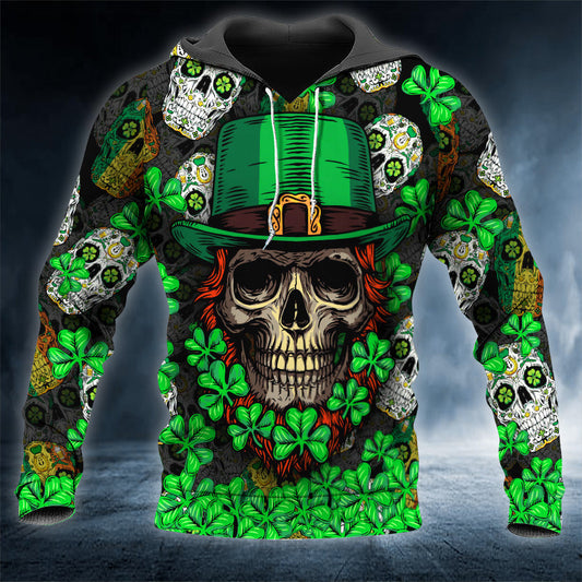 Fluky Saint Patrick's Day Skull 3D Printed Shirt, Skull Shamrock Shirt, Skull Shirt PO0280