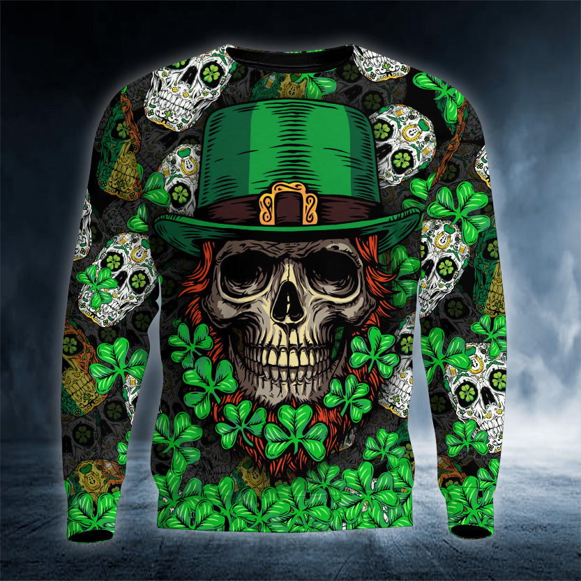 Fluky Saint Patrick's Day Skull 3D Printed Shirt, Skull Shamrock Shirt, Skull Shirt PO0280