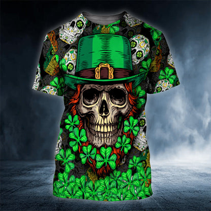 Fluky Saint Patrick's Day Skull 3D Printed Shirt, Skull Shamrock Shirt, Skull Shirt PO0280