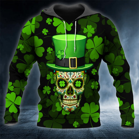 Funny 4-Leaf Clover Patrick's Day Sugar Skull 3D Printed Shirt, Hoodie, Zip Hoodie For Men Women PO0279