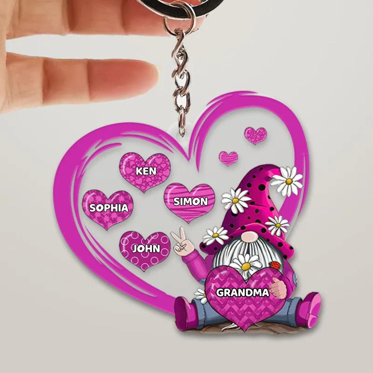 Personalized Gnome With Heart, Grandma And Grandkids Custom Name Acrylic Keychain KO0301