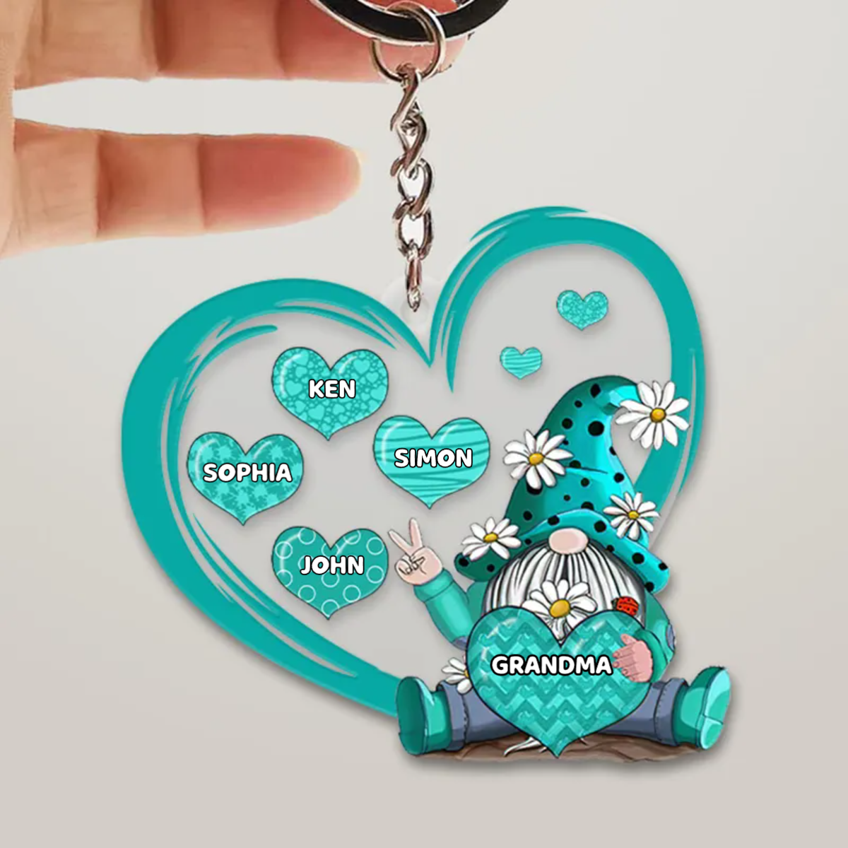 Personalized Gnome With Heart, Grandma And Grandkids Custom Name Acrylic Keychain KO0301