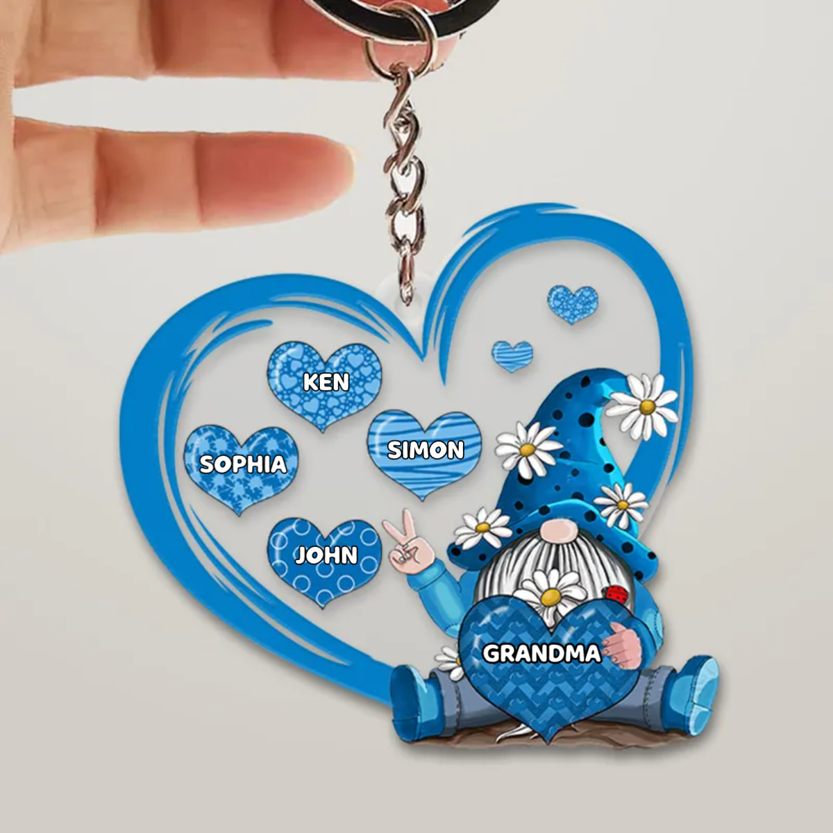 Personalized Gnome With Heart, Grandma And Grandkids Custom Name Acrylic Keychain KO0301