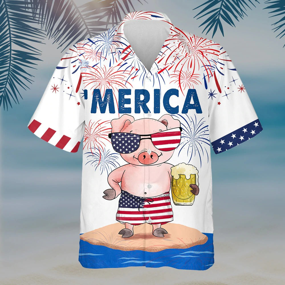 Pig Hawaiian Shirt, Independence Day Hawaii Aloha Beach Shirt, Best 4Th Of Jul Hawaiian Shirt HO5121