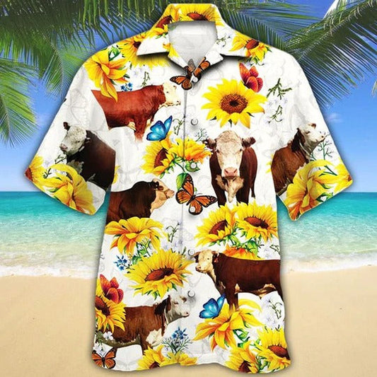 Hereford Cattle Lovers Sun Flower Hawaiian Shirt, Unisex Print Aloha Short Sleeve Casual Shirt HO5053