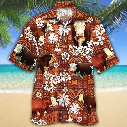 Hereford Cattle Lovers Red Tribal Hawaiian Shirt, Unisex Print Aloha Short Sleeve Casual Shirt HO5054