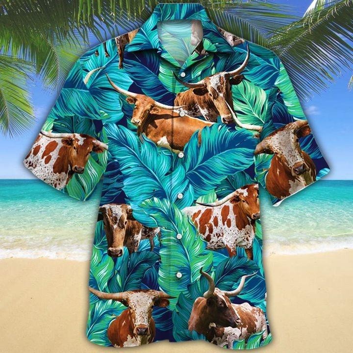 Texas Longhorn Hawaii Shirt Green Tx Longhorn Cattle Lovers Hawaiian Shirt HO0084